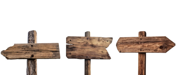 Collection of wooden direction signs with poles, isolated on white or transparent background
