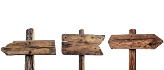 Collection of wooden direction signs with poles, isolated on white or transparent background