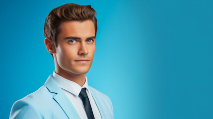 Confident young man wearing suit isolated on blue background, copy space
