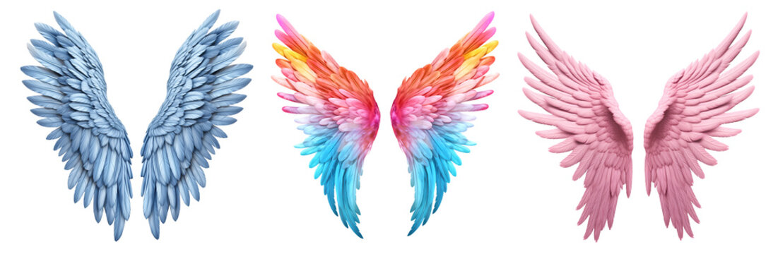 Set of pastel colourful and blue pink, angel devil wings on transparent background cutout, PNG file. Mockup template for artwork graphic design