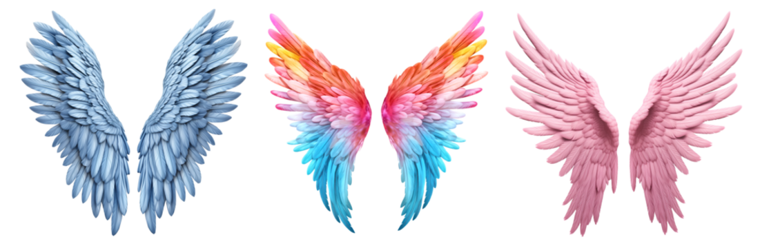 Set of pastel colourful and blue pink, angel devil wings on transparent background cutout, PNG file. Mockup template for artwork graphic design - Powered by Adobe
