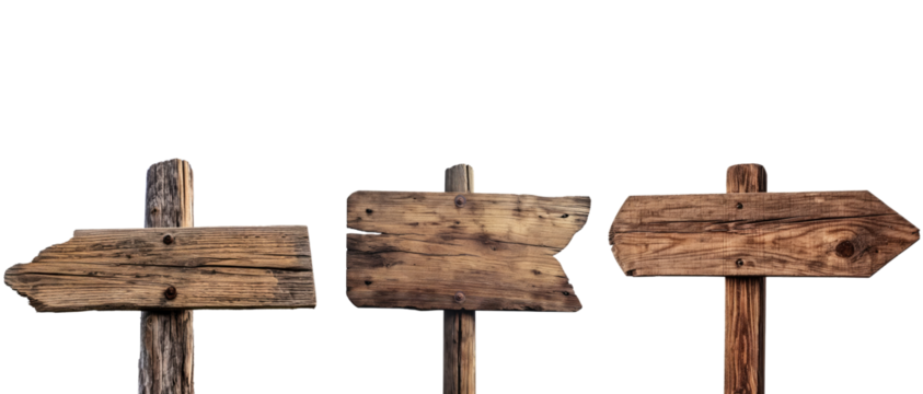 Collection of wooden direction signs with poles, isolated on white or transparent background