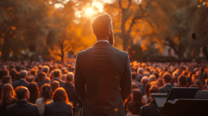 Man politician doing a speech outdoor in front of a crowd of members of a political party , Ai generated image