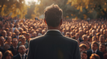 Man politician doing a speech outdoor in front of a crowd of members of a political party , Ai generated image - obrazy, fototapety, plakaty