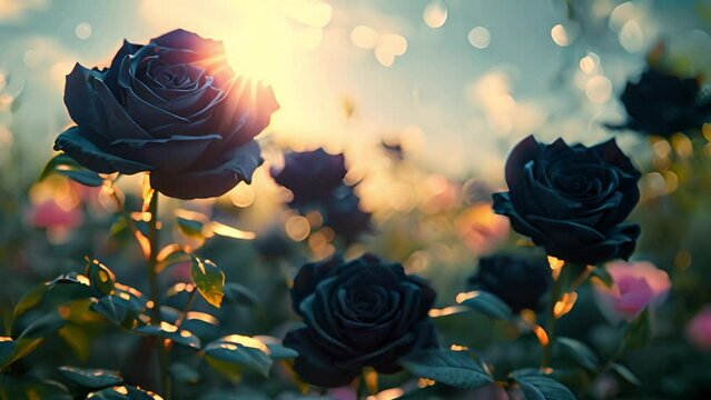 Black roses on blue sky. sunlight shining. Frame of beautiful rose flowers Moordy dark roses background. Beautiful nature in the spring 4k video