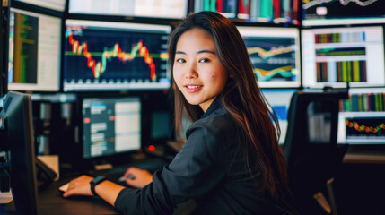 A professional young female financial analyst with a smile, working amidst multiple computer screens displaying market data
