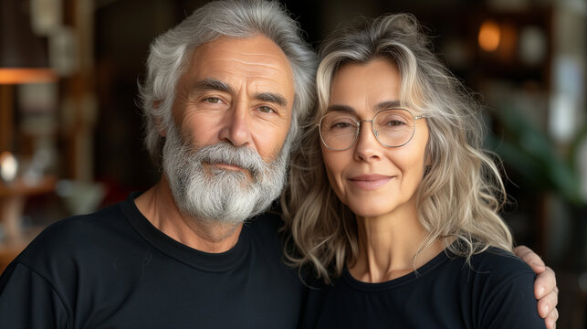 Old mature couple with matching Mockup black t-shirt Mockup , happy lovely man and woman, Ai generated image