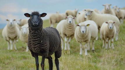 Black Sheep Standing Out in a Flock of White