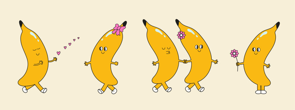 Fruit retro funky cartoon characters. Banana set. Comic mascot of banana with happy smile face.Groovy summer vector illustration. Fruits flower berries juicy sticker pack.  