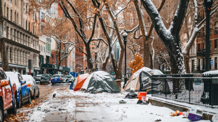 Numerous tents of homeless people, winter cold, hard living