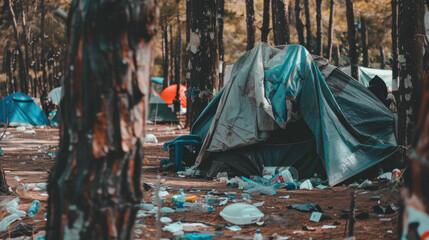 Tent Encampment in park or forest, life conditions of homeless people - obrazy, fototapety, plakaty