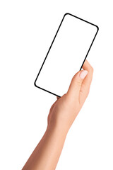Female hand holding phone on empty background