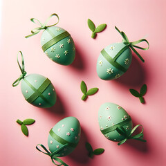 Vibrant Easter joy blooms with 5 green eggs on a pretty pink backdrop, radiating festive cheer—a delightful spring tableau of renewal and colorful celebration.