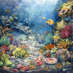 Fototapeta na wymiar Ocean floor, watercolor marine diversity, hidden gems --ar 1:1 --v 6