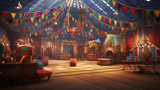 A gym interior with a carnival theme, featuring circus tents, carnival games, and colorful decor.