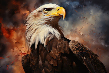 A majestic bald eagle, an American flag, fireworks exploding in the background.