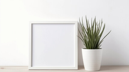 Blank white frame with plant pot isolated mock up on white background 