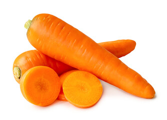 Front view of beautiful orange carrots with slices in stack isolated with clipping path and shadow in png file format