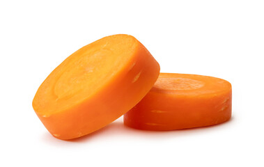 Front view of beautiful orange carrot slices in stack isolated on white background with clipping path