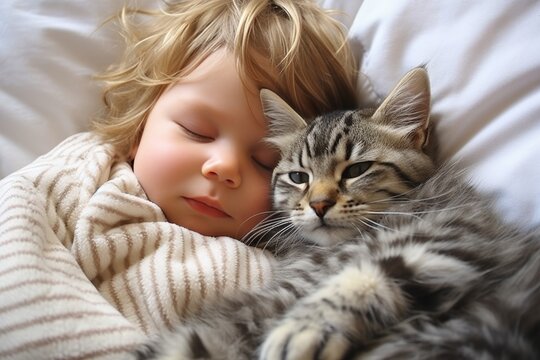 Horizontal studio shot of adorable caucasian baby sleeping with a cute tabby cat on a white comfortable bed. Concept of happy childhood and pets love.