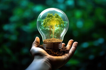 Human Hand Holding Soil with Green Tree Growing under a Light Bulb. Renewable Green Energy. Earth...