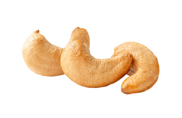 Fototapeta premium Front view of three roasted brown cashew nuts in stack isolated with clipping path in png file format