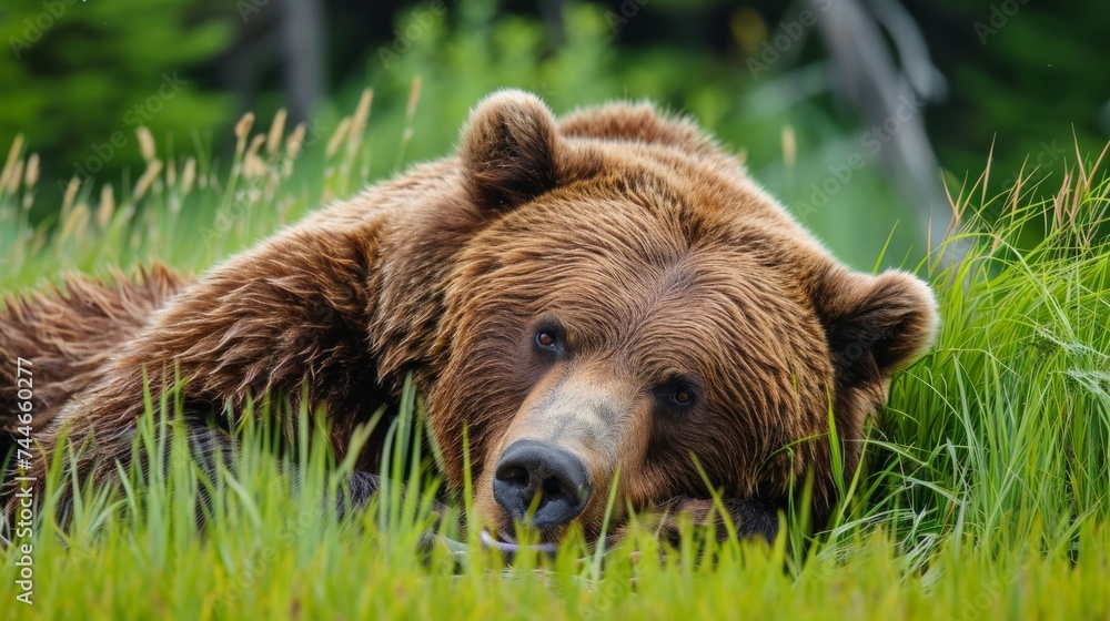 Wall mural animals and wildlife, grizzly bear laying on grass