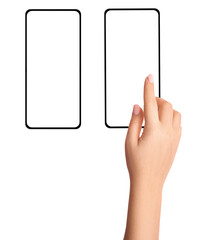 Female hand holding phone on empty background