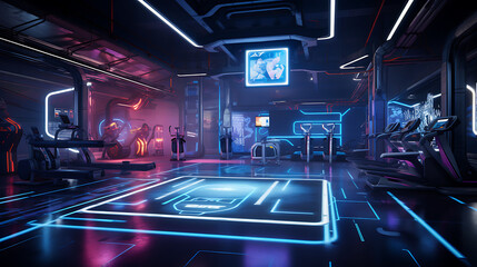 A gym interior with a futuristic cyberpunk aesthetic, featuring neon signs and cyberpunk-inspired designs.