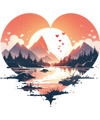 Mountain Sunset Heart Landscape Artwork