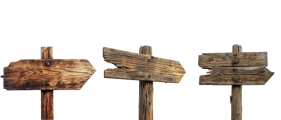 Collection of wooden direction signs with poles, isolated on white or transparent background