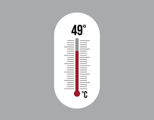 49° degrees Celsius. Thermometer vector to measure climate temperature, weather forecast and heat concept