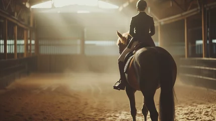 Deurstickers Cinematic shot of young male horsemanship master dressed in a professional apparel is practicing exercises for competition of horse racing and dressage on a riding hall © fifthplanet