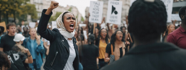 african american woman with raised fist amidst diverse crowd during protest. Expression of emotion palpable, surrounded by fellow protesters holding signs, united in cause against backdrop of city - obrazy, fototapety, plakaty