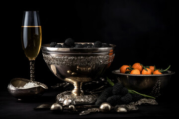 Elegant still life: silver bowl full of fresh blackberries, complimented by a sleek champagne - obrazy, fototapety, plakaty