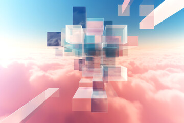 Obraz premium Dive into a dream-like scape of geometric shapes floating above a serene pink cloud