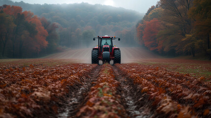 Tractor working in field with forest behind in autumn time, hoeing soil, agricultural works. Generative AI - 744661434
