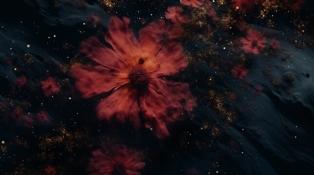 Abstract image of large purple flower in cosmos universe, space with stars. Generative AI