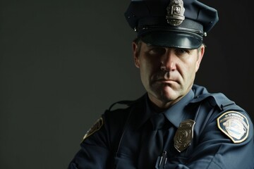 Oficial de policía serio con uniforme y placa - obrazy, fototapety, plakaty