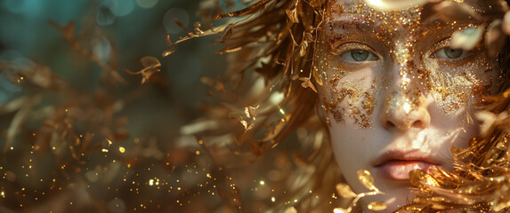 a beautiful young woman wearing gold makeup and a golden head piece over a light green forest background with copy space