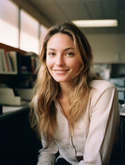 Portrait of a woman in an office wearing a white shirt, shot on film