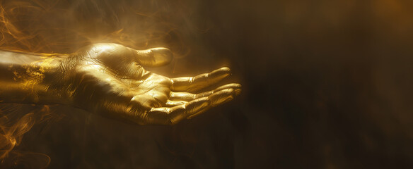 a gold open hand over a dark background with copy space - obrazy, fototapety, plakaty