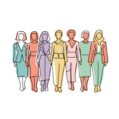 pastel colored minimalist illustration of group of business women, front view. Transparent background.