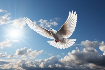 Obraz premium A white dove in full flight, wings spread wide against a stunning sunset sky, symbolizing peace and freedom.