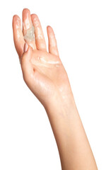 Women's hands. Transparent gel spreads over the skin. on a blank background