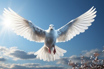 Obraz premium A white dove in full flight, wings spread wide against a stunning sunset sky, symbolizing peace and freedom.
