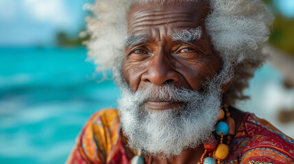 Portrait of a elderly black man with a very joyful expression, white hair and a full white beard, at a tropical beach wearing colorful clothes, Ai generated image - obrazy, fototapety, plakaty