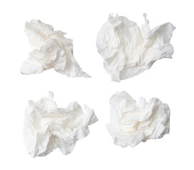 Top view set of crumpled tissue paper or napkin after use in toilet or restroom isolated with...