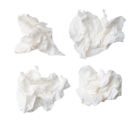 Top view set of crumpled tissue paper or napkin after use in toilet or restroom isolated with clipping path in png file format