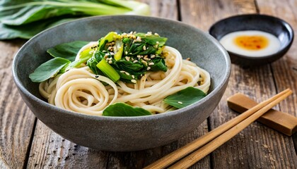 Asian vegetarian food udon noodles with bok choy. Traditional Japanese cuisine. - obrazy, fototapety, plakaty